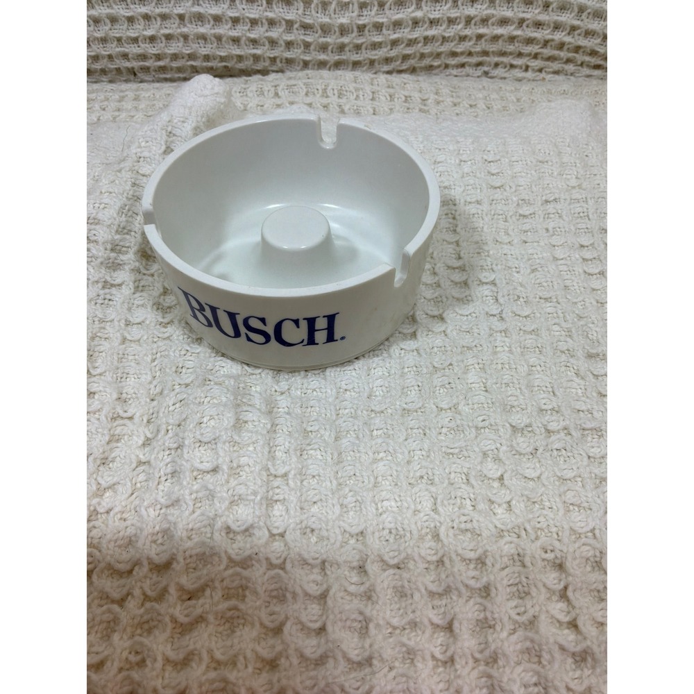 Vintage Busch Beer American Urnapress Melamine Ashtray White Blue Round‎ MCM